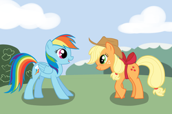 Size: 1125x750 | Tagged: safe, artist:marikaefer, applejack, rainbow dash, earth pony, pegasus, pony, g4, blushing, bow, female, lesbian, mare, ship:appledash, shipping