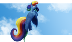 Size: 1600x942 | Tagged: safe, artist:rainbowgambler, rainbow dash, pegasus, pony, g4, female, flying, mare, solo