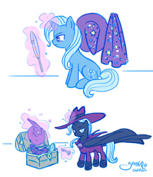 Size: 1038x1202 | Tagged: safe, artist:yamino, mare do well, trixie, pony, unicorn, g4, chest, clothes, costume, female, hat, key, levitation, magic, mare, mirror, solo, trixie's cape, trixie's hat