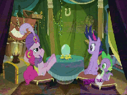 Size: 400x300 | Tagged: safe, edit, edited screencap, screencap, pinkie pie, spike, twilight sparkle, g4, it's about time, animated, crystal ball, hub logo, madame pinkie, messy mane, turban, wrong aspect ratio