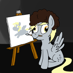 Size: 1000x1000 | Tagged: safe, artist:rapidstrike, derpy hooves, pegasus, pony, g4, bob ross, easel, female, mare, paintbrush, painting, solo
