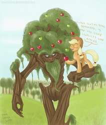 Size: 847x1000 | Tagged: safe, artist:pooryorick, applejack, bloomberg, earth pony, ent, pony, g4, apple, apple tree, beard, duo, facial hair, female, food, lord of the rings, mare, tree