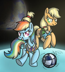 Size: 900x1003 | Tagged: dead source, safe, artist:thetastymuffin, applejack, rainbow dash, g4, ball, clothes, duo, football, moon