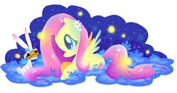 Size: 591x309 | Tagged: safe, artist:rintau, edit, angel bunny, fluttershy, g4, dolan, duo, flower, night, pet