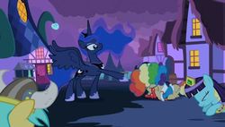 Size: 848x480 | Tagged: safe, screencap, mayor mare, princess luna, sunshower raindrops, alicorn, pony, g4, luna eclipsed, season 2, clown