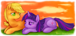 Size: 683x328 | Tagged: safe, artist:mn27, applejack, twilight sparkle, earth pony, pony, unicorn, g4, female, lesbian, lying down, prone, ship:twijack, shipping, unicorn twilight