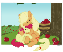 Size: 945x784 | Tagged: safe, artist:riftryu, apple bloom, applejack, earth pony, pony, g4, accessory swap, apple, apple sisters, apple tree, comforting, eyes closed, female, filly, foal, grass, hug, mare, raised hoof, siblings, sisters, sweet apple acres, tree