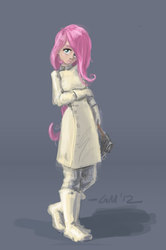 Size: 426x640 | Tagged: safe, artist:giantmosquito, fluttershy, human, g4, boots, clothes, dr adorable, female, gloves, goggles, gradient background, head tilt, humanized, lab coat, looking at you, shoes, solo, standing, three quarter view