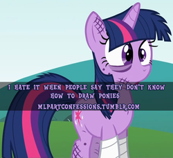 Size: 500x456 | Tagged: safe, twilight sparkle, pony, unicorn, g4, bandage, meta, pony confession, text, unicorn twilight