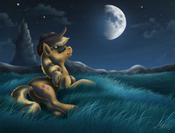 Size: 1700x1300 | Tagged: safe, artist:gonedreamer, applejack, earth pony, pony, g4, eyes closed, female, moon, night, prone, scenery, solo