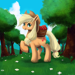 Size: 900x900 | Tagged: safe, artist:adailey, applejack, earth pony, pony, g4, apple, female, food, raised hoof, solo, tree