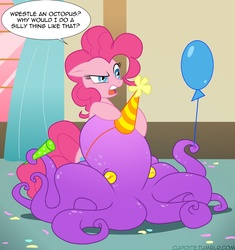 Size: 1280x1359 | Tagged: safe, artist:tarajenkins, pinkie pie, earth pony, octopus, pony, g4, balloon, dialogue, female, hat, mare, open mouth, party cannon, party hat, party horn, speech bubble, wat