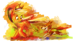 Size: 2608x1477 | Tagged: safe, artist:cuteskitty, applejack, winona, g4, duo, pet, running