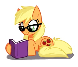 Size: 1000x859 | Tagged: safe, artist:cobracookies, applejack, earth pony, pony, g4, book, female, glasses, prone, reading, smiling, solo