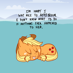 Size: 615x615 | Tagged: safe, artist:hotdiggedydemon, applejack, earth pony, pony, ask jappleack, g4, female, heartbreaking in hindsight, jappleack, lying down, ponyloaf, prone, solo, tempting fate