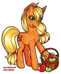 Size: 1256x1515 | Tagged: safe, artist:rianotc, applejack, earth pony, pony, g4, apple, basket, female, food, simple background, solo, traditional art