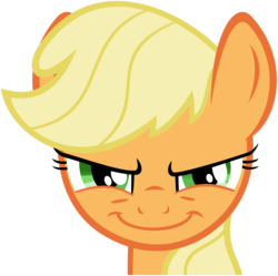 Size: 4666x4650 | Tagged: safe, artist:flutterguy317, part of a set, applejack, earth pony, pony, g4, .svg available, absurd resolution, applejack is best facemaker, blonde, close-up, evil grin, female, grin, hatless, missing accessory, simple background, solo, this will end in apples, transparent background, vector