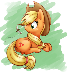 Size: 985x1055 | Tagged: safe, artist:mahoxyshoujo, applejack, dragonfly, earth pony, insect, pony, g4, female, looking back, prone, solo