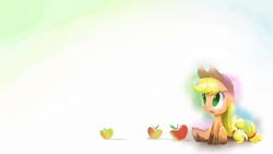 Size: 1920x1080 | Tagged: safe, artist:yikomega, applejack, earth pony, pony, g4, apple, female, filly, sitting, solo, wallpaper, younger