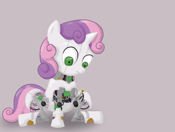 Size: 3200x2400 | Tagged: safe, artist:ezynell, sweetie belle, pony, robot, unicorn, g4, female, filly, foal, gray background, high res, hooves, horn, robot gore, simple background, sitting, solo, sweetie bot