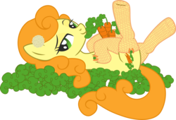 Size: 3890x2642 | Tagged: safe, artist:leopurofriki, carrot top, golden harvest, earth pony, pony, g4, bedroom eyes, carrot, clothes, female, fishnet stockings, flower, flower in hair, food, gloves, high res, looking at you, lying down, mare, on back, simple background, socks, solo, stockings, thigh highs, transparent background