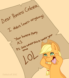 Size: 746x843 | Tagged: safe, artist:daikaluff, applejack, earth pony, pony, g4, the super speedy cider squeezy 6000, female, letter, silly, silly pony, solo