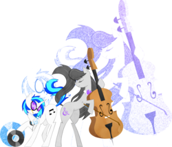 Size: 2494x2136 | Tagged: safe, artist:cruddydoodles, dj pon-3, octavia melody, vinyl scratch, g4, cello, female, headphones, high res, lesbian, musical instrument, record, ship:scratchtavia, shipping, simple background, transparent background