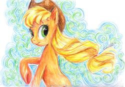 Size: 1727x1208 | Tagged: safe, artist:my-magic-dream, applejack, earth pony, pony, g4, abstract background, female, looking back, raised hoof, solo, traditional art