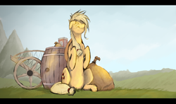 Size: 1561x915 | Tagged: safe, artist:qsteel, applejack, earth pony, pony, g4, barrel, cart, eyes closed, female, grass, outdoors, scenery, sitting, smiling, solo, wheel