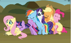 Size: 392x239 | Tagged: safe, screencap, applejack, fluttershy, pinkie pie, rainbow dash, rarity, twilight sparkle, earth pony, pegasus, pony, unicorn, dragonshy, g4, animated, butt touch, faceful of ass, female, hoof on butt, mane six, mare, mare train, out of context, pushing, rump push, what the hay?, wingless, wtf