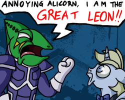 Size: 500x400 | Tagged: safe, artist:putuk, leon, alicorn, pony, g4, clenched fist, crossover, dialogue, floppy ears, frown, leon powalski, looking at each other, nintendo, open mouth, star fox