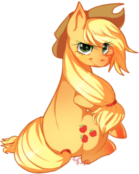 Size: 699x876 | Tagged: safe, artist:raidouraidou, applejack, earth pony, pony, g4, female, looking back, simple background, sitting, solo, transparent background, wingding eyes