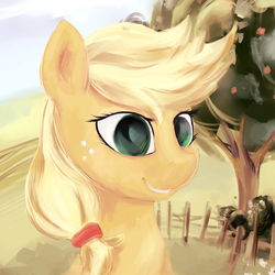 Size: 1100x1100 | Tagged: safe, artist:eightbitmagic, artist:reefzv, applejack, earth pony, pony, g4, bust, female, fence, solo, tree