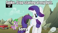 Size: 600x338 | Tagged: safe, edit, edited screencap, screencap, rarity, spike, a dog and pony show, g4, caption, duo, eyes on the prize, hub logo, image macro, red wagon, tv rating, wagon