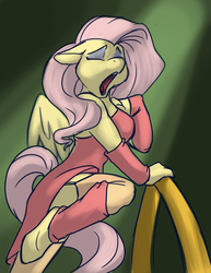 Size: 700x906 | Tagged: safe, artist:foxenawolf, fluttershy, pegasus, anthro, unguligrade anthro, g4, clothes, dress, eyes closed, floppy ears, leg warmers, stockings