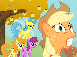 Size: 325x241 | Tagged: safe, screencap, applejack, berry punch, berryshine, carrot top, golden harvest, lemon hearts, earth pony, pony, unicorn, fall weather friends, g4, season 1, ei, female, mare, out of context, pony pyramid, sweat