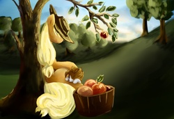 Size: 1500x1024 | Tagged: safe, artist:shizyaa, applejack, winona, g4, sleeping, tree