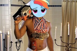 Size: 600x400 | Tagged: safe, rainbow dash, human, g4, bedroom eyes, chainsaw, isaiah mustafa, medal, old spice, old spice guy, photoshop