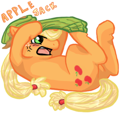 Size: 500x475 | Tagged: safe, artist:nhl456dani, applejack, earth pony, pony, g4, clothes, female, on back, simple background, socks, solo