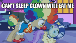 Size: 960x540 | Tagged: safe, edit, edited screencap, screencap, mayor mare, earth pony, pegasus, pony, g4, luna eclipsed, season 2, can't sleep clown will eat me, caption, clown, female, filly, hub logo, male, mare, nightmare night, scrunchy face, the simpsons