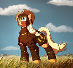 Size: 1155x1077 | Tagged: safe, artist:mistermech, applejack, earth pony, pony, fanfic:it's a dangerous business going out your door, g4, armor, female, leather armor, mare, solo