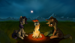 Size: 2921x1672 | Tagged: safe, artist:sevireth, applejack, rainbow dash, rarity, fanfic:it's a dangerous business going out your door, g4, campfire, fanfic, fanfic art, fire, moon, night, trio