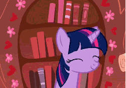 Size: 517x360 | Tagged: safe, screencap, twilight sparkle, pony, unicorn, g4, look before you sleep, season 1, animated, bookshelf, cropped, eyes closed, female, golden oaks library, mare, offscreen character, pillow, pillow fight, solo, speed up, unicorn twilight