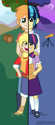 Size: 700x1580 | Tagged: safe, artist:daeternal, applejack, big macintosh, shining armor, twilight sparkle, human, g4, apple, bbbff, book, brother and sister, clothes, female, humanized, male, skirt, split screen, telescope