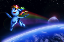 Size: 1241x810 | Tagged: safe, artist:c-puff, rainbow dash, pegasus, pony, g4, female, flying, mare, moon, planet, rainbow trail, smiling, solo, space