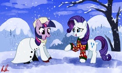 Size: 1120x669 | Tagged: safe, artist:c-puff, rarity, twilight sparkle, pony, unicorn, g4, clothes, duo, duo female, female, snow, snowfall, sweater, unicorn twilight