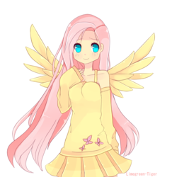 Size: 1000x1028 | Tagged: safe, artist:limegreen-tiger, fluttershy, human, g4, clothes, cute, female, humanized, no pupils, off shoulder, shyabetes, simple background, skirt, solo, spread wings, transparent background, winged humanization, wings