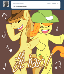 Size: 700x808 | Tagged: dead source, safe, braeburn, carrot top, golden harvest, earth pony, pony, ask braeburn!, g4, bipedal, brown background, dancing, duo, female, male, mare, simple background, stallion