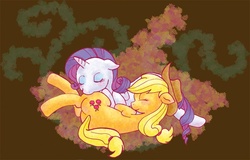 Size: 600x385 | Tagged: safe, artist:ozu, applejack, rarity, g4, cuddling, female, lesbian, pixiv, ship:rarijack, shipping, sleeping