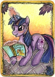 Size: 395x550 | Tagged: safe, artist:suane, fluttershy, twilight sparkle, pony, unicorn, g4, diary, female, glowing horn, grin, horn, magic, mare, reading, smiling, solo, telekinesis, traditional art, unicorn twilight